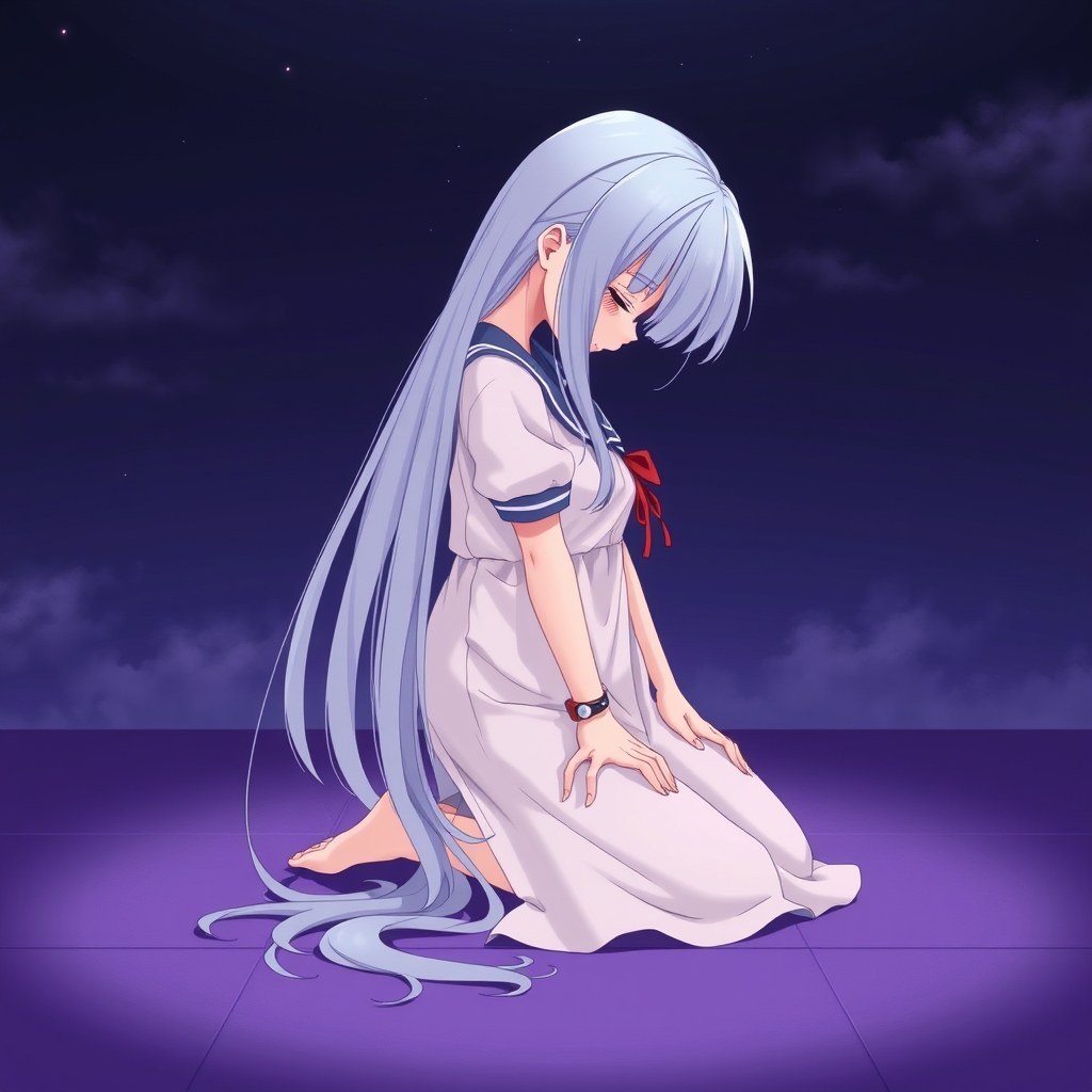 Airi kneeling with her head bowed in a defeated pose