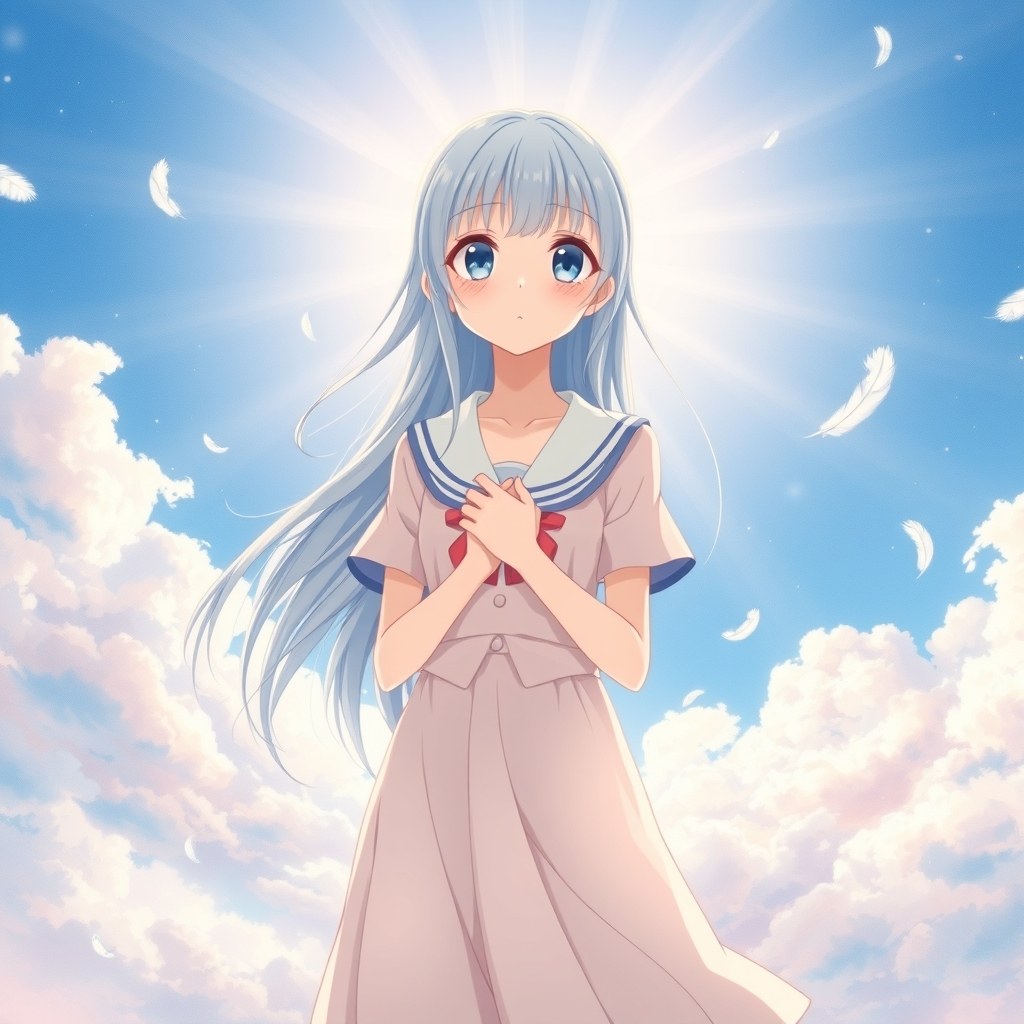Airi beneath a luminous summer sky, holding her hands to her heart